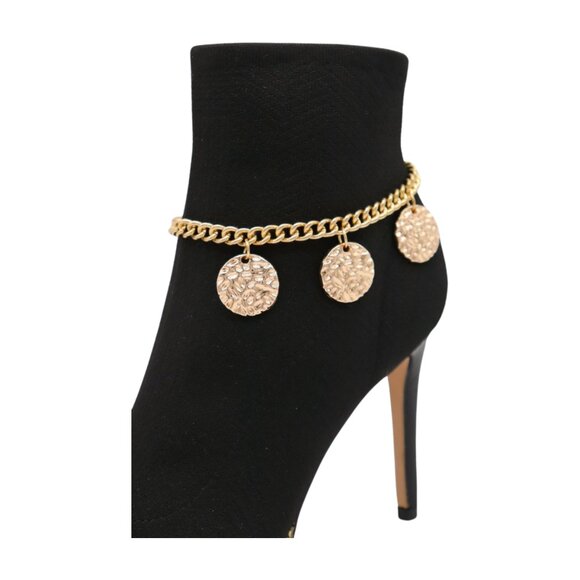 NEW Women Gold Metal Western Boot Chain Bracelet Anklet Shoe 3 Circles Charm SET - Picture 6 of 17